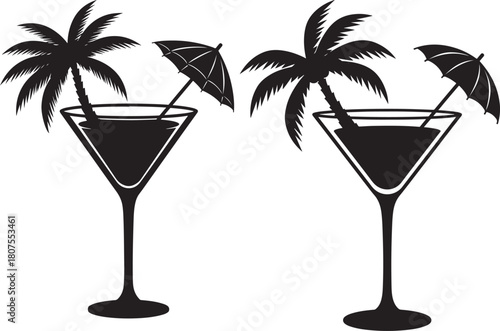 Two tropical martini glasses with palm trees and umbrellas silhouette
