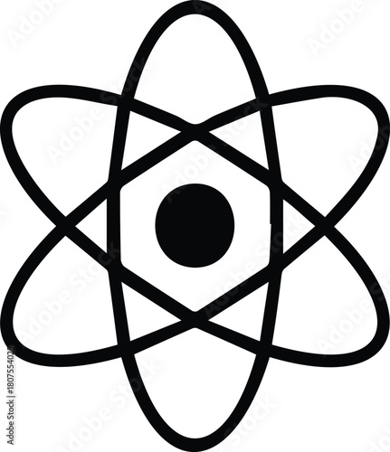 A classic black and white line art icon representing an atom, with a central nucleus and electrons orbiting around it, symbolizing science, physics, and energy