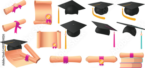 Graduation gown and diploma cartoon illustration set