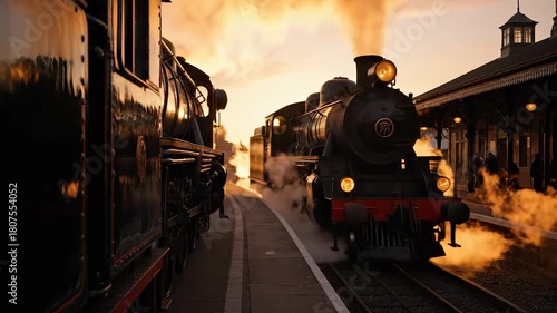 Two steam trains arrive at the vintage station, releasing puffs of smoke into the evening air. The steam trains create a nostalgic atmosphere as they welcome travelers home.