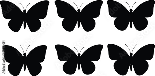 Silhouette butterfly collection set featuring simple black insect shapes, symmetrical wing designs, nature themed graphic elements for decorative vector illustration projects