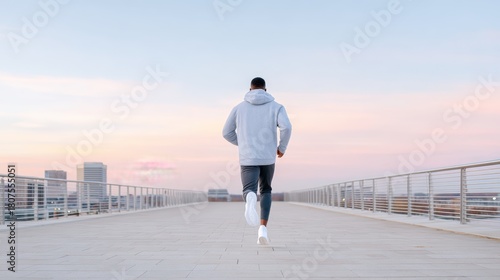 Athletic man jogging on a modern rooftop pathway at sunset, wearing a gray hoodie and black pants, showcasing a healthy lifestyle and urban fitness concept
