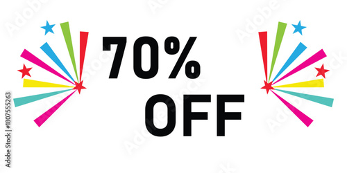 70% off sale banner with colorful fireworks burst on white background