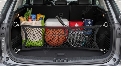 Car trunk storage organizer with groceries and supplies showcasing a tidy vehicle cargo area with a black mesh divider