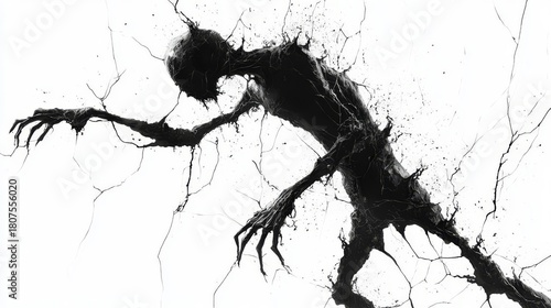 A mysterious and abstract figure emerging from cracks, symbolizing struggle and the unknown in dark art.