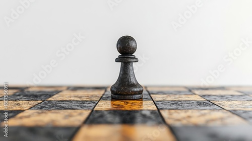 A single black pawn chess piece stands on a wooden chessboard, symbolizing strategy, competition, and critical thinking.