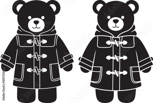 Two adorable teddy bears wearing hooded duffle coats silhouette