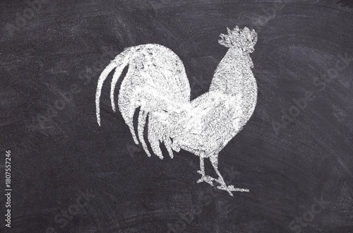 Hand-Drawn Chalk Sketch of a Rooster on Blackboard – Symbol of Farm, Dawn, and Nature