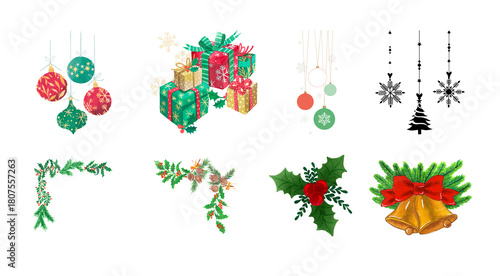 Hanging Christmas Balls, Christmas decoration Jingle bell illustration, Han drawn Textured Holly, Decorative Christmas Corner