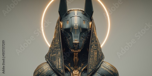 Matte black android with gold Egyptian hieroglyphics and glowing halo evokes fusion of ancient culture and futuristic technology in minimalistic design