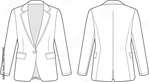 Women formal blazer technical flat sketch, front and back view, fashion cad design, jacket outline, garment template vector illustration