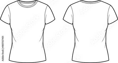 Women fitted short sleeve t-shirt front and back cad drawing, fashion flat template for apparel production illustration
