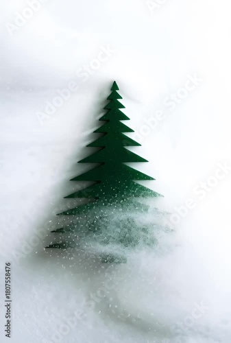 A small green pine tree is partially obscured by swirling white snow. The scene conveys a winter atmosphere with a focus on nature.
