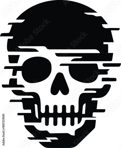 A menacing black silhouette of a human skull with a modern digital glitch effect, featuring horizontal lines and pixelation