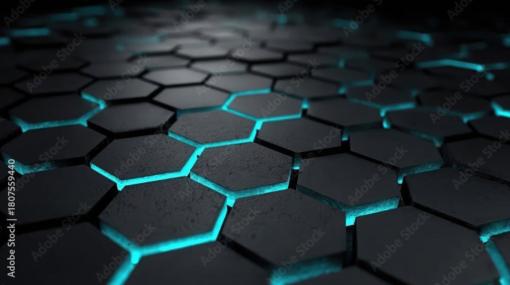 Naklejka premium Abstract dark hexagonal pattern with glowing blue light, a futuristic technology background