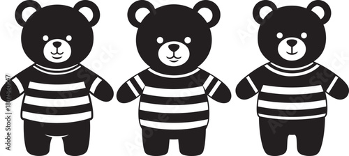 Three adorable black bear characters wearing striped sweaters silhouette