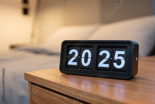 bedside flip clock showing 20:25 on nightstand, soft lamp light and warm textures, quiet preparation for overnight shift, calm