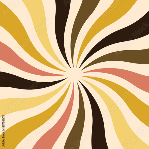 Vibrant retro sunburst pattern with swirling rays in a 1970s inspired color scheme of gold, mustard, pink, and dark brown against a light cream background, evoking a psychedelic feel
