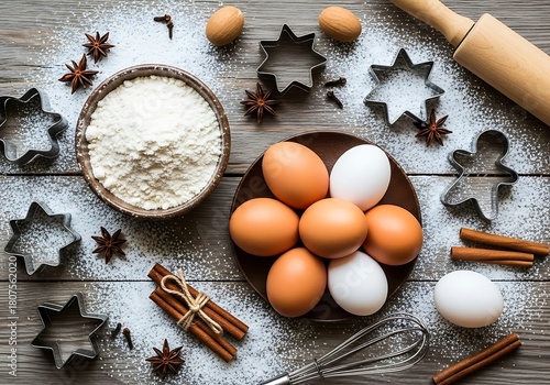 Overhead shot showcasing the preparation of christmas cookies, featuring flour, eggs, cookie cutters, cinnamon sticks, and star anise on a rustic wooden table dusted with flour
