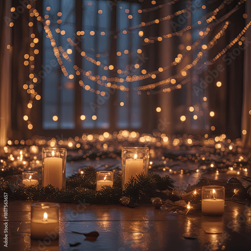 Ambiance féérique et chaleureuse de soirée romantique, lumières tamisées, bougies et guirlandes scintillantes dans une élégante salle festive pour événement intime.