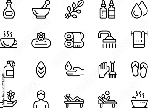 Minimalist Spa and Wellness Line Icons – 20 Thin Outline Symbols of Essential Oils, Massage, Relaxation, Aromatherapy, Bath, Towels, Skincare and Self-Care