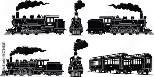 Vintage steam locomotive silhouette set featuring classic train engines, railway transportation illustration, retro rail vehicles and old passenger car design