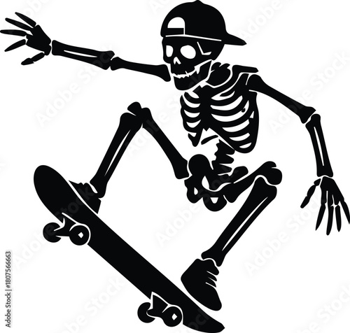 A cool black silhouette of a skeleton wearing a baseball cap and performing a dynamic trick on a skateboard, embodying a rebellious and energetic spirit, isolated on