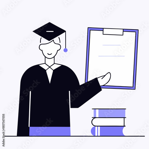 Academic Achievement: A graduate stands proudly, academic regalia, holding a document, signifying scholarly accomplishment.