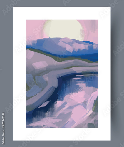 Serene lakeside scene bathed in calming lavender and indigo shades