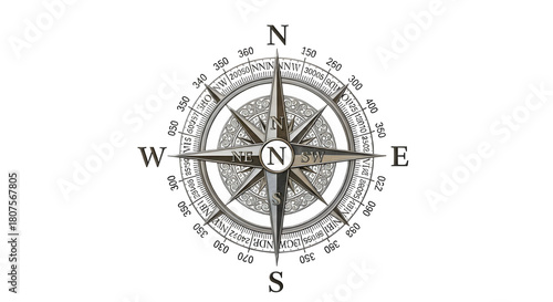 Detailed compass rose illustration with intricate design, featuring cardinal directions and degree markings, isolated on transparent background, perfect for navigation or cartography projects