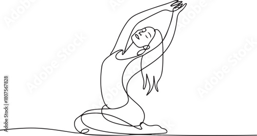 Continuous line art or One Line Drawing of a woman stretching arms is relaxing picture.one line icon with with white background