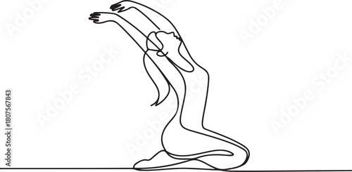 Continuous line art or One Line Drawing of a woman stretching arms is relaxing picture.one line icon with with white background