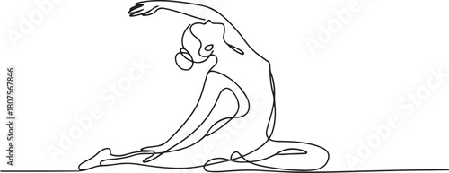 Continuous line art or One Line Drawing of a woman stretching arms is relaxing picture.one line icon with with white background