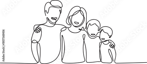 Happy family in continuous line art drawing style.one line icon with with white background