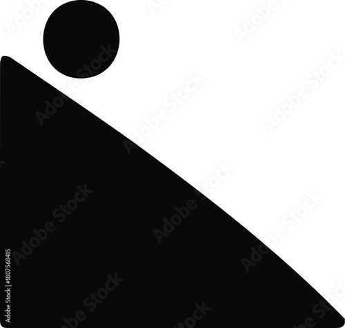 Black minimalist icon of a person or ball sliding down a triangular slope or ramp, representing movement, descent, or an incline, isolated on