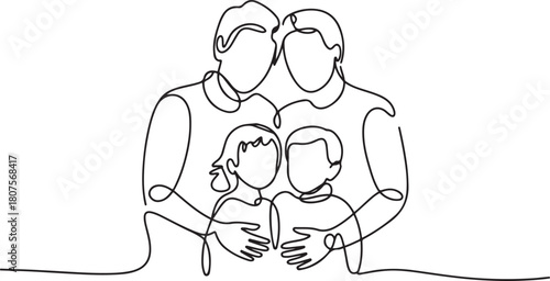 Happy family in continuous line art drawing style.one line icon with with white background