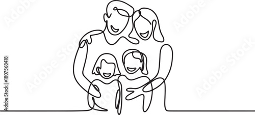 Happy family in continuous line art drawing style.one line icon with with white background