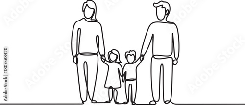 Happy family in continuous line art drawing style.one line icon with with white background