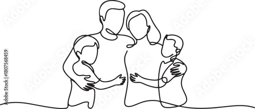 Happy family in continuous line art drawing style.one line icon with with white background