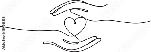 Hands holding heart continuous one line art drawing. Charity donation linear symbol.one line icon with with white background