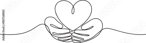 Hands holding heart continuous one line art drawing. Charity donation linear symbol.one line icon with with white background