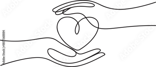 Hands holding heart continuous one line art drawing. Charity donation linear symbol.one line icon with with white background
