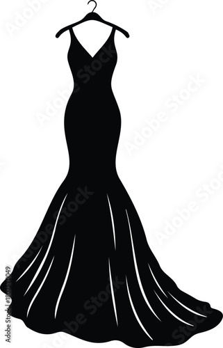 Sleek black mermaid style evening gown with a plunging vneckline and a dramatic flared hem, hanging on a hanger, isolated on