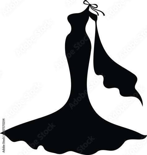 Elegant black silhouette of a long evening gown with a flowing train and delicate strap, for fashion, luxury, formal events, isolated on white