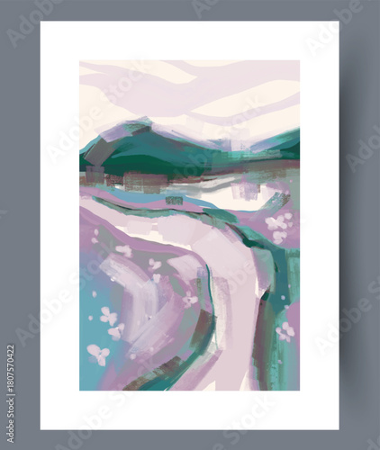 Serene countryside with blooming hills and flowing river