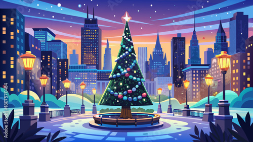 Very beautiful scenic winter evening scene featuring a glowing Christmas tree illuminating Madison Square Park, surrounded by softly lit skyscrapers of Midtown Manhattan under a calm, chilly sky.