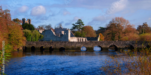 The Desmond Castle and the landmark old stone bridge, built in 1390, spanning the River Maigue in Adare, Ireland, in a vibrant autumn landscape.