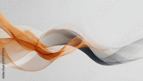 Minimalistic abstract representation of smoke in graceful grey and orange hues flowing elegantly across a white background