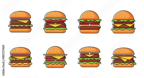 Delicious collection of eight classic beef cheeseburgers with lettuce tomato and sesame seed buns.