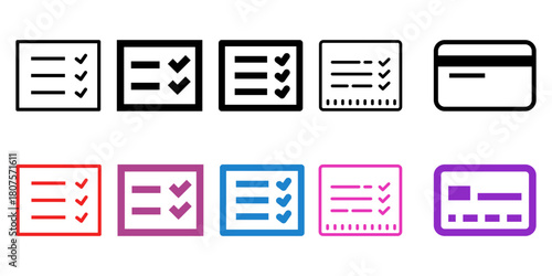 Set of simple line icons representing checklists and credit cards in various styles and colors, signifying task completion and payment SVG